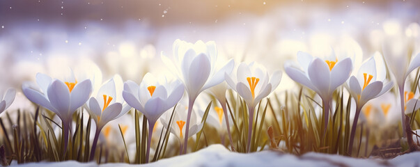 White crocus flowers blooming in snow in the soft morning light, generated by ai