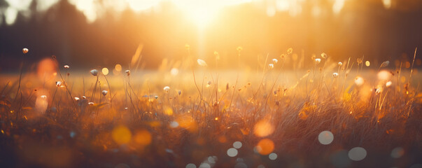 Autumn fields with dry grass in the warm light of the sunset, panoramic view, generated by ai