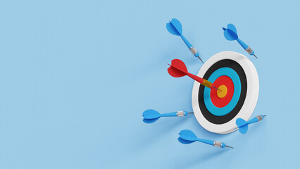 Practice until succeed concept. Success after many failures. Success rate, effort or cost to reach goal or target. Archery target on wall with one hitting and many missed arrows. 3d illustration - obrazy, fototapety, plakaty