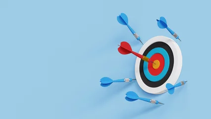 Tuinposter Practice until succeed concept. Success after many failures. Success rate, effort or cost to reach goal or target. Archery target on wall with one hitting and many missed arrows. 3d illustration © DETHAL
