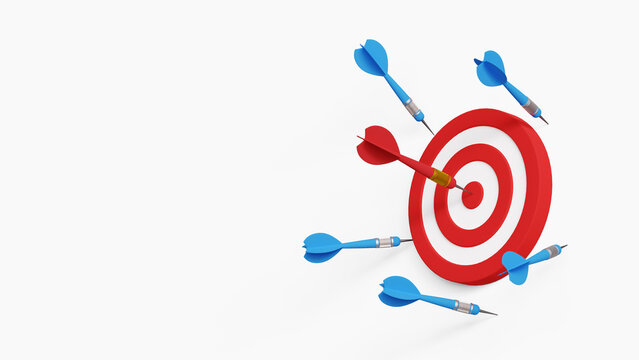 Success after many failures concept. Practice until succeed. Success rate, effort or cost to reach goal or target. Archery target on wall with one hitting and many missed arrows. 3d illustration