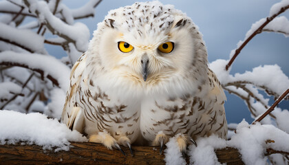 Snowy owl perched on branch, staring, majestic beauty in nature generated by AI