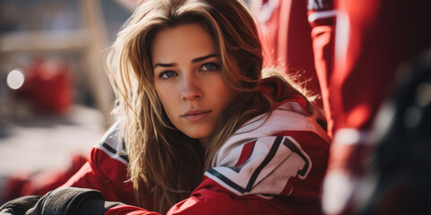  Close-up of a contemplative woman in a football jersey, capturing a moment of pre-game focus.
