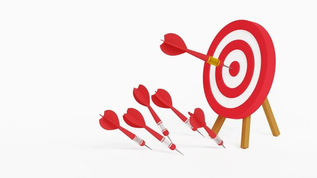 Success after many failures concept, Failure gives experience and makes you successful, Archery target ring with one hitting and many missed arrows. 4k 3d animation