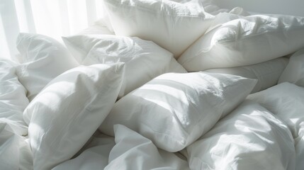  a pile of white pillows sitting on top of a bed covered in white sheets and down comforters with a window in the background.
