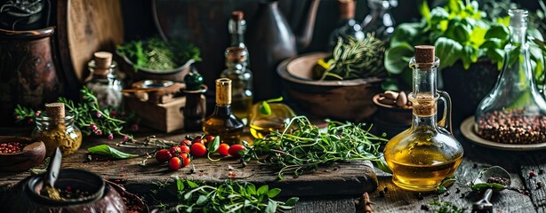 Healthy ingredients of various food ingredients with oil and spice bottles and flavor herbs on dark rustic table