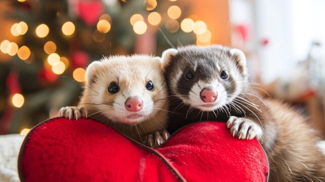 Couple of ferrets peeking out of a gift box generative ai