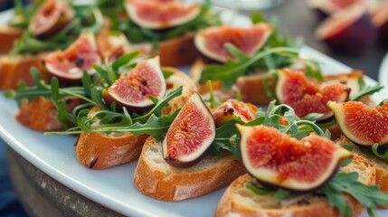  a close up of a plate of bread with figs and greens on it and a glass of water in the background.