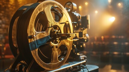 Vintage film reel and projector bask in soft light, casting shadows on an old movie screen, evoking a sense of nostalgia - obrazy, fototapety, plakaty