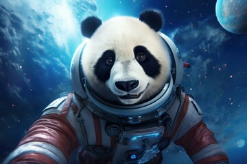 Cute panda astronaut in cosmonautic equipment. Adorable panda bear in galactic spaceship. Generate ai