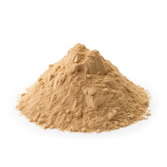 close up pile of finely dry organic fresh raw dandelion root powder isolated on white background. bright colored heaps of herbal, spice or seasoning recipes clipping path. selective focus