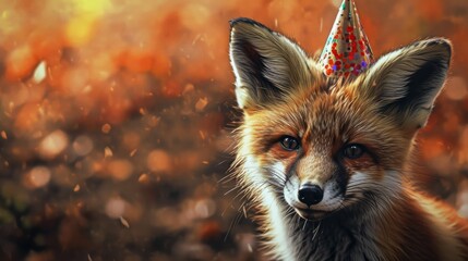 Fototapeta premium Fox kit with birthday hat generative ai