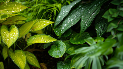 Fototapeta na wymiar Sunlit garden gleams post-rain, nature's splendor in every drop.