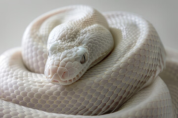 Obraz premium A captivating albino python with a unique white scales pattern, coiled and resting, exuding an ethereal beauty in a soft, diffused light setting.