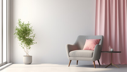 Minimalist Living Space with Grey Armchair and Pink Curtains