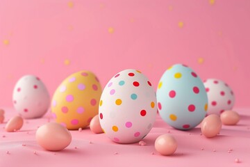 Fototapeta na wymiar 3D render of dyed Easter eggs with minimalistic objects and pink background. Contemporary style.