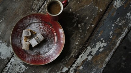  a plate with sugar cubes on it next to a cup of coffee on a wooden table with peeling paint.