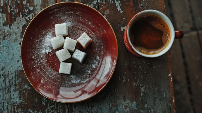  a plate with sugar cubes on it next to a cup of coffee and saucer on a wooden table.