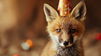 Fototapeta premium Fox kit with birthday hat generative ai