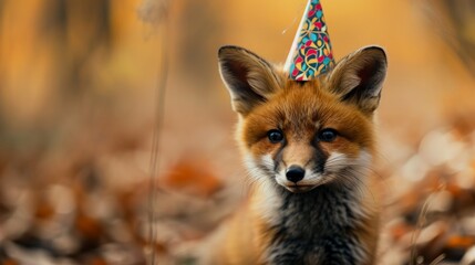Obraz premium Fox kit with birthday hat generative ai