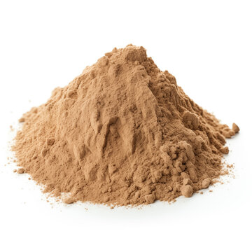 close up pile of finely dry organic fresh raw devils claw root powder isolated on white background. bright colored heaps of herbal, spice or seasoning recipes clipping path. selective focus
