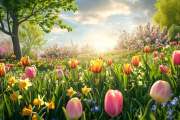 A vibrant garden with hidden Easter eggs among blooming tulips and daffodils, under a bright, sunny sky