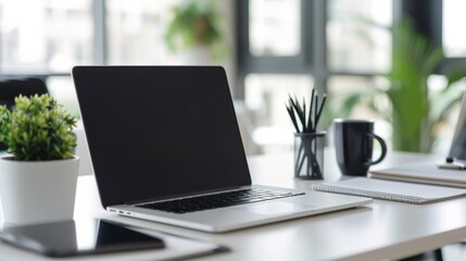 laptop on white table. generative ai