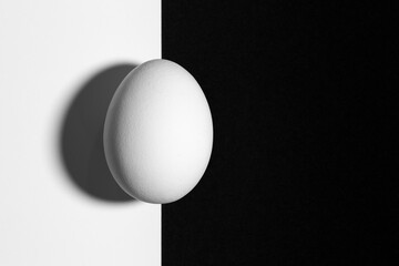 Black and white split screen with egg and shadow with copy space