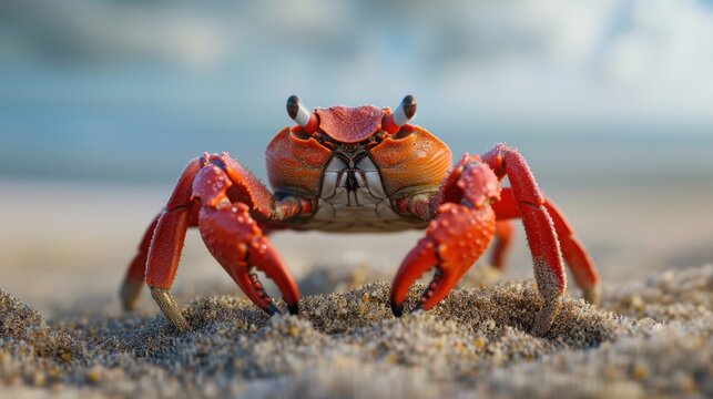  a close up of a crab on a beach with a cloudy sky in the backgrounnd of the picture.