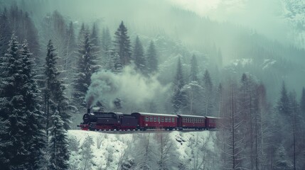  a red and black train traveling through a forest filled with tall pine trees and covered in snow with steam coming out of the top of the train.