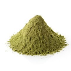 close up pile of finely dry organic fresh raw dill weed powder isolated on white background. bright colored heaps of herbal, spice or seasoning recipes clipping path. selective focus - obrazy, fototapety, plakaty