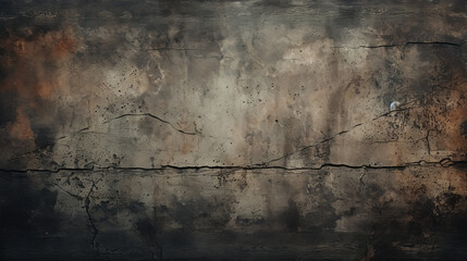 Obraz premium Black scratched stucco surface with scuffs and worn marks, background aged concrete wall with crack, abstract pattern with rough texture and rusty