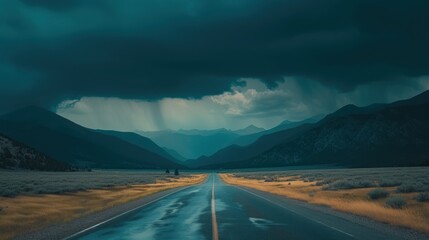  a road in the middle of a field with mountains in the background and a dark sky filled with storm clouds.