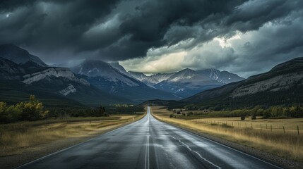  a long road in the middle of a field with a mountain range in the background under a dark cloudy sky.