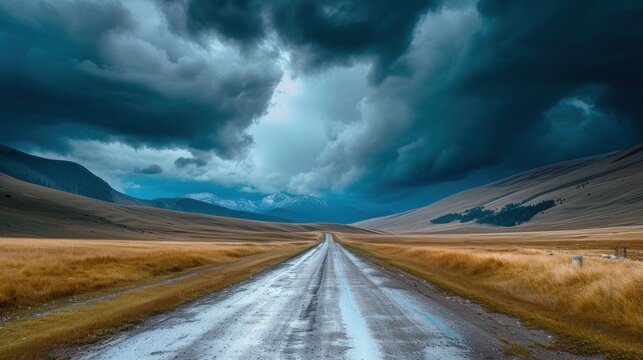  a dirt road in the middle of a field with mountains in the background and dark clouds in the sky above.