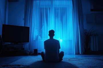 An image of a person sitting in a dark room, with the curtains drawn and a TV screen casting a blue light.