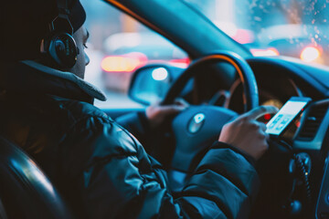 An image of a person sitting in a car, with a mobile phone in their hand.