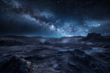 view of the Milky Way galaxy from a barren, rocky planet.