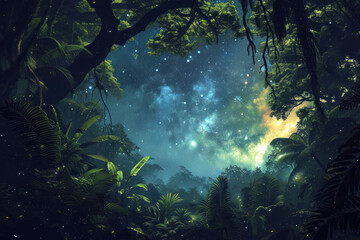 Obraz premium view of the night sky from a lush, alien jungle.