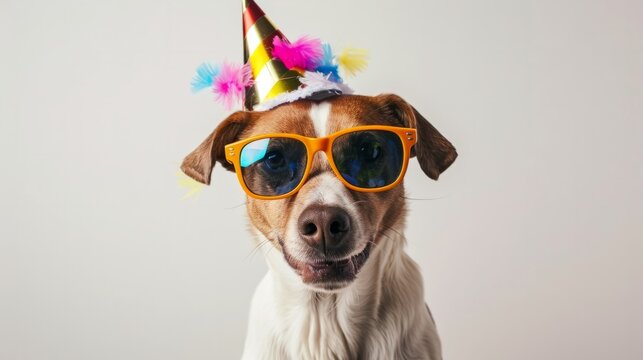 Funny party dog wearing colorful summer hat and stylish sunglasses generative ai