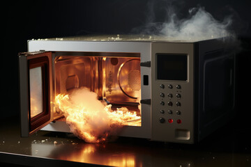 Dangerous kitchen scene. overheated microwave results in fiery flames and smoke