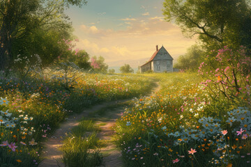 picturesque scene of a spring morning in a countryside