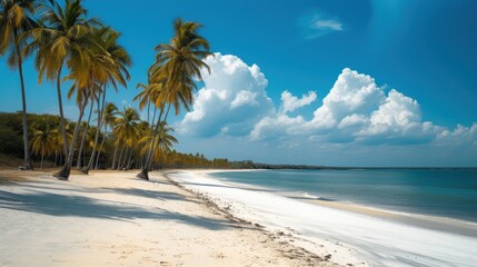 a sandy beach with palm trees on the shore and a blue sky with white clouds in the backgroud.