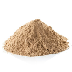 close up pile of finely dry organic fresh raw echinacea root powder isolated on white background. bright colored heaps of herbal, spice or seasoning recipes clipping path. selective focus