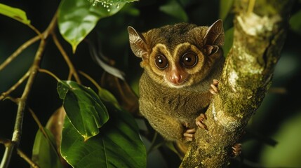 a close up of a small animal on a tree branch with leaves in the foreground and a blurry background.