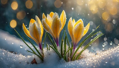 yellow crocus flowers bursting through the snow and their wonderful concept