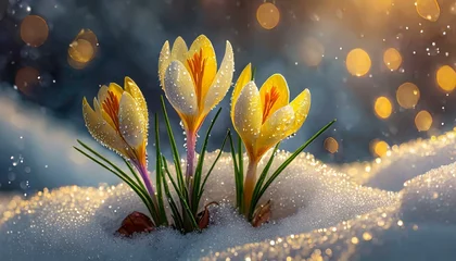Zelfklevend Fotobehang yellow crocus flowers bursting through the snow and their wonderful concept © emerald_media