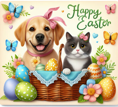 Colorful and cheerful illustration celebrating Easter.It depicts a happy dog and cat sitting together in a basket full of brightly colored Easter eggs