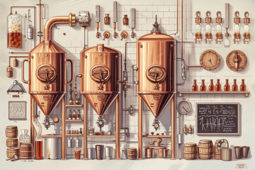 detailed illustration of the beer brewing process.