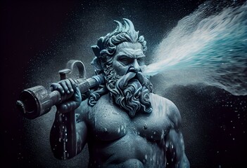 Poseidon holding a high pressure water gun. Generative AI